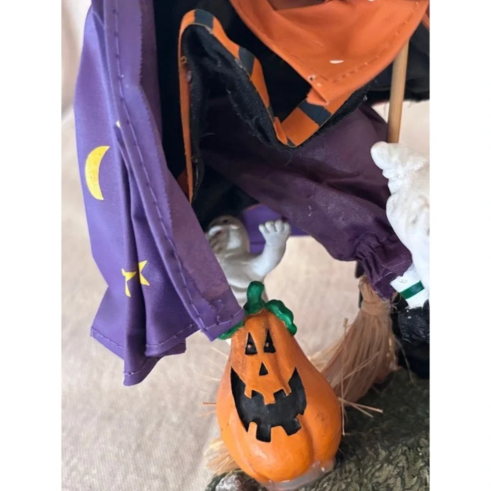 Vintage‎ Halloween Fabric Mache Witch Figurine with Broom, Ghost, and Pumpkin